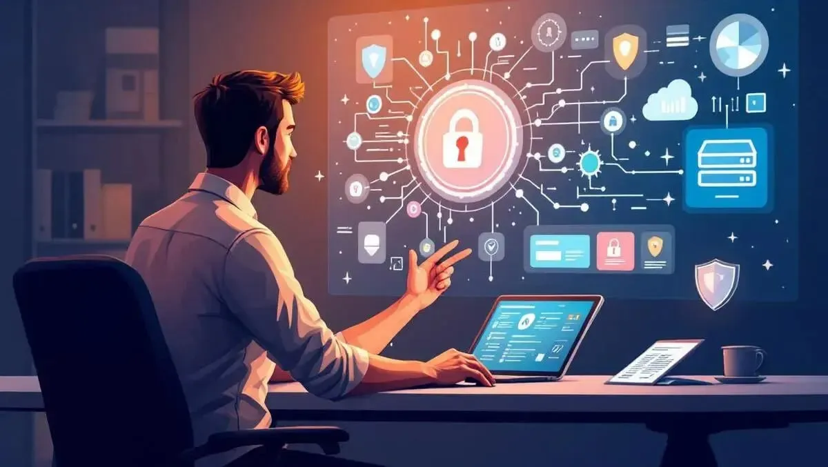 Technological illustration showing code and network shield protection